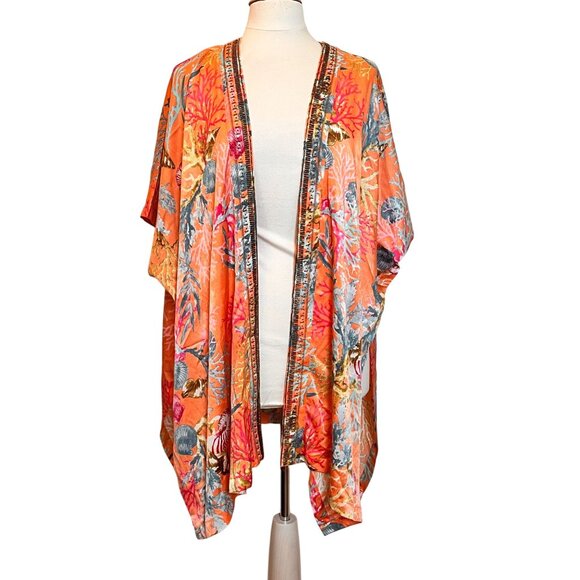 Chicos Kimono Cover Up L / XL Orange Coral Reef Resort Nautical Sea Pockets - Picture 1 of 8